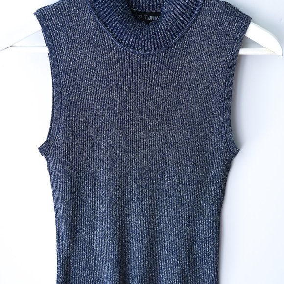 KASPER & COMPANY Blue Ribbed Mock Neck Top & Cardigan - Size P Medium - Picture 5 of 11